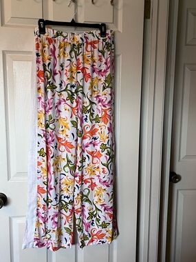 JM Collection Women's L White Wide-Leg Linen Blend Floral Print Pants